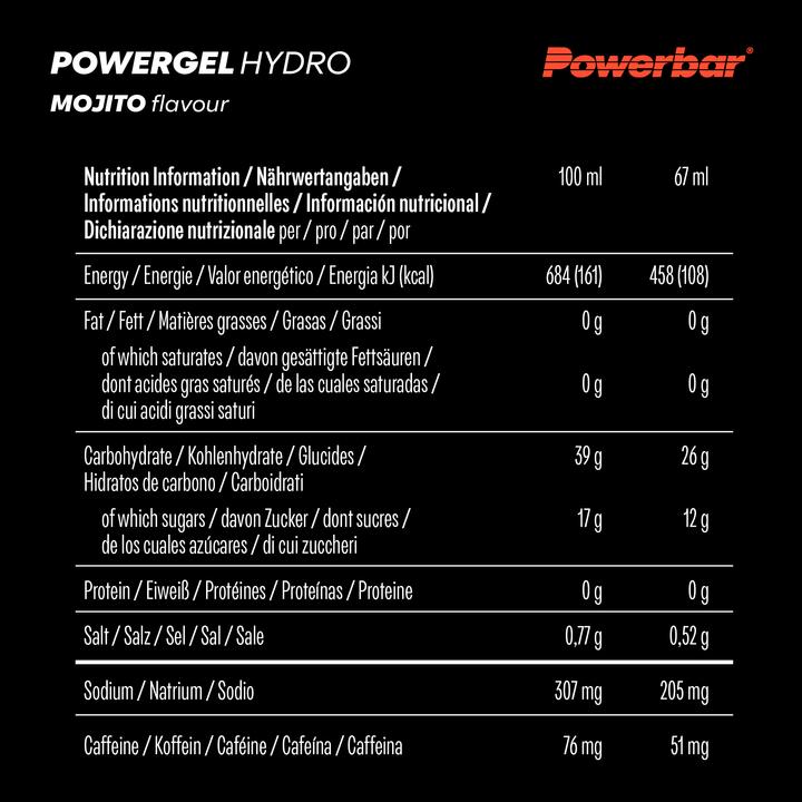 Valeurs nutritives et ingrédients Powerbar PowerGel Hydro (Mojito, Caféine, 24 pcs, 1850 g)