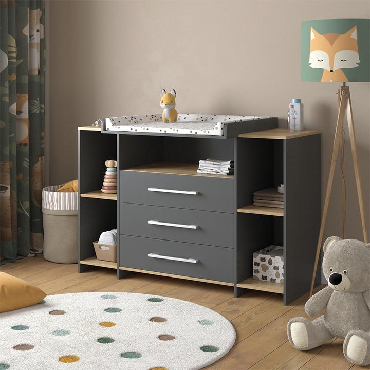 Actual product image Vichy Wickelkommode Oskar, Anthrazit/Goldkraft Eiche, 143.2 x 93 cm mit 3 Schubladen