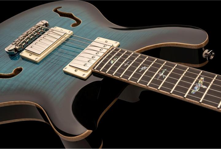 Image du produit PRS SE Hollowbody II Piezo Peacock Blue Burst (Guitare électrique, acajou, Ebony, Top en érable ondé avec facette en érable flammé, Dos en érable ondé avec facette en érable flammé)