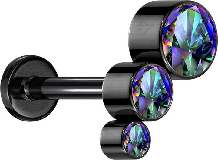 Star Piercing Micro Labret Innengewinde schwarz absteigend drei Kristalle dunkel multicolor (ohne Messing, Titan G23)