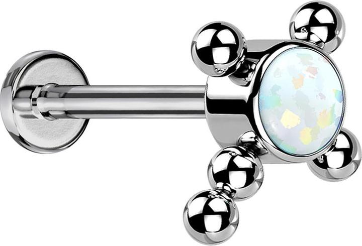 Star Piercing Micro Threadless Labret silber Kreuz Kugeln Opal weiss (ohne Messing, Titan G23)