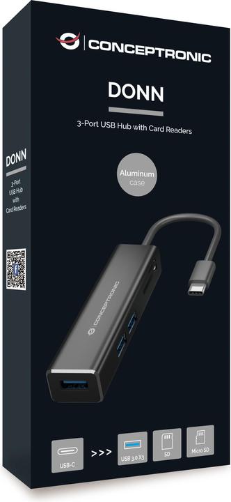Produktbild Conceptronic DONN08B Schnittstellen-Hub USB 3.2 Gen 1 (3.1 Gen 1) Type-C 5000 Mbit/s Schwarz (USB-C, 3 Ports)