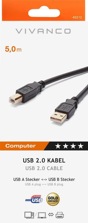 Produktbild Vivanco USB 2.0 zert.KabelA-B (5 m, USB 2.0)