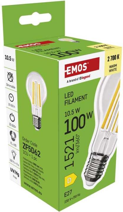 Image du produit Emos Ampoule LED filament A60 / E27 / 10,5 W (100 W) / 1521 lm / Blanc chaud (E27, 10.50 W, 1521 lm, 1 x, D)