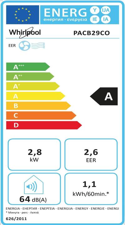 Etichetta energetica Whirlpool Condizionatore PACB 29CO 9000 BTU, nero (25 m², 9500 BTU/h)