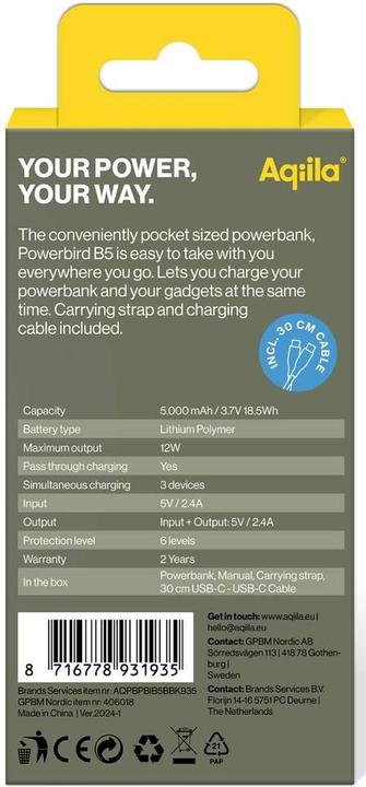 Productafbeelding Aqiila Powerbird B5B - Powerbank 5000 mAh, 12W - Zwart (5000 mAh, 12 W, 37 Wh)