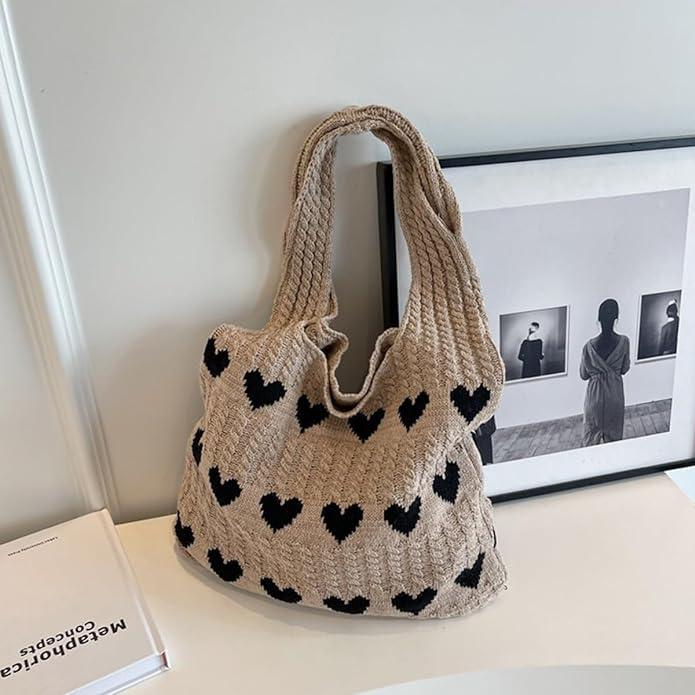 Produktbild Only-Bags.Store Minimalistische Liebe Muster Hobo Tasche, gestrickt Lagerung Einkaufstasche, leichte Urlaub Tasche