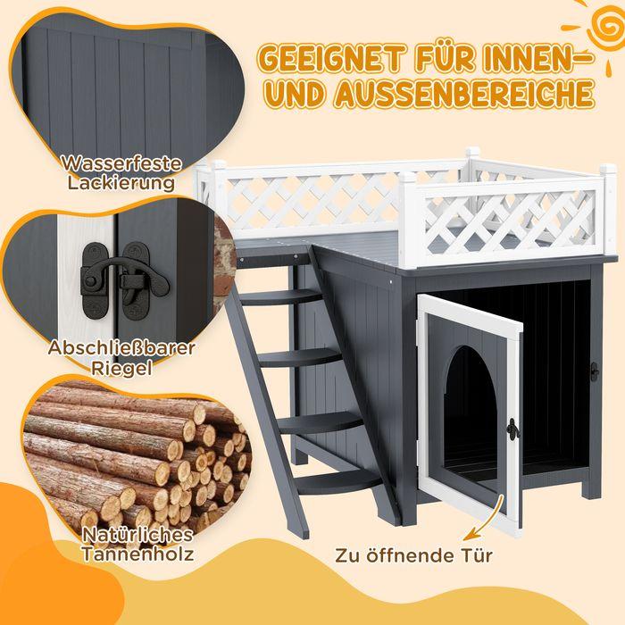 Produktbild Swisshandel24 Katzenhöhle, Katzenhütte aus Tannenholz, Katzenhaus mit Balkon, Treppe Grau (Katze)