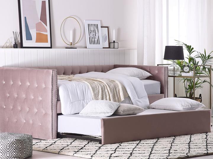 Actual product image Beliani Daybed extendable velvet fabric pink slatted frame 90 x 200 cm GASSIN (90 x 200 cm)