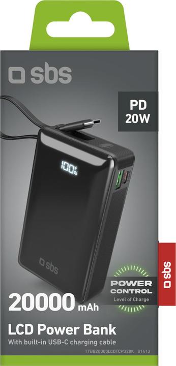 Produktbild SBS Powerbank 20.000mAh 20W PD LCD USB-C Kabel schwarz (20000 mAh, 20 W)
