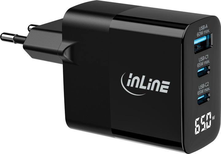Produktbild InLine USB PD Netzteil, GaN Ladegerät, 3-Port, USB-C + USB-A, 65W, mit Display, schwarz (65 W)