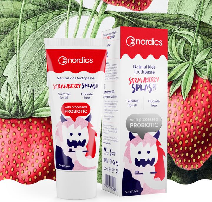 Nordics Tandpasta Kids Aardbei Splasch probiotisch zonder fluor (50 ml)