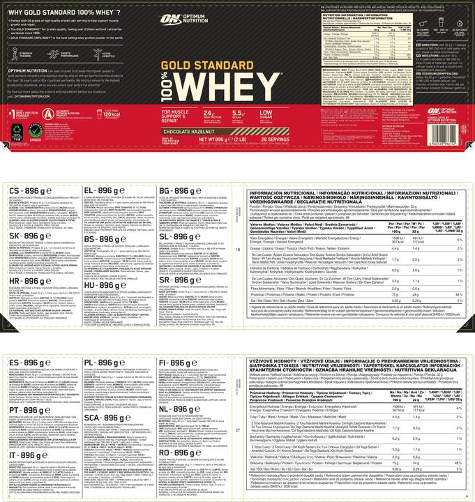 Nutritional values and ingredients Optimum Nutrition 100% Whey Gold Standard (Chocolate, Hazelnut, 1 pcs., 2270 g)