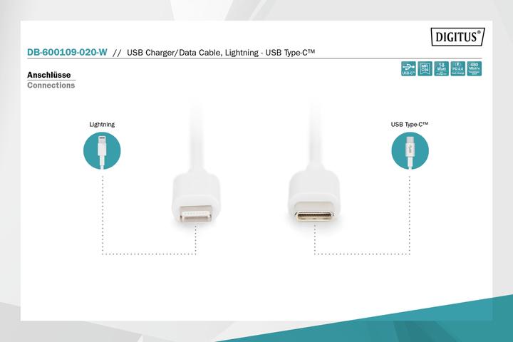 Produktbild Digitus USB Typ C – Lightning (2 m, USB 2.0, 18 W)