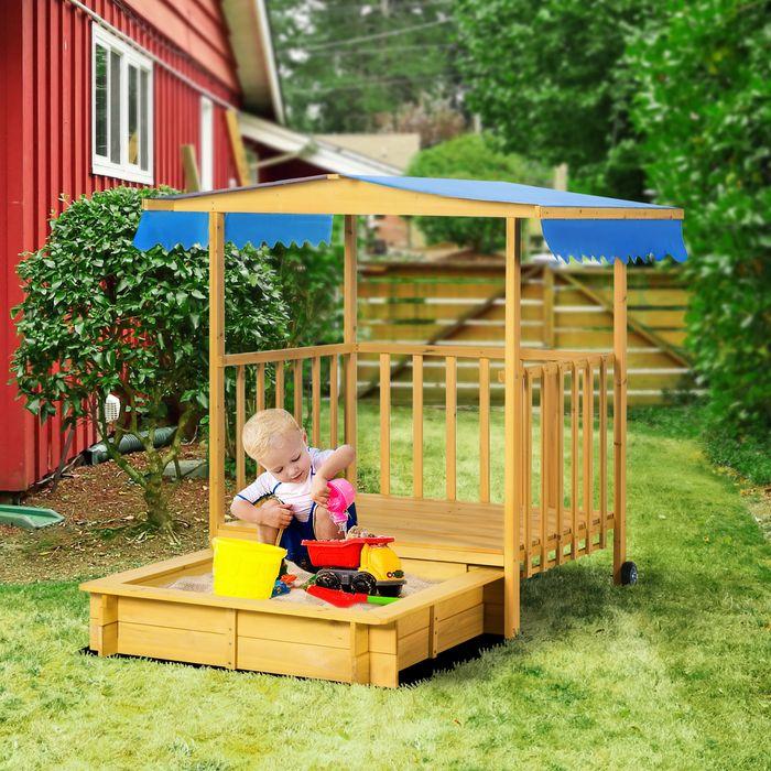Produktbild Swisshandel24 Sandkasten mit Dach, Sandkiste aus Holz mit Spielhaus, 133 x 129 x 137,5 cm Sandbox mit Rollen für 3