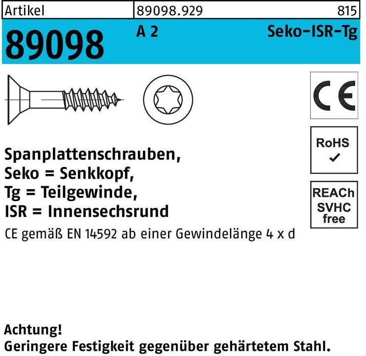 Actual product image Chipboard screw R 89098 SEKO hexagon socket TG 6 x 70 -T25 A 2 (200 Screws per piece)