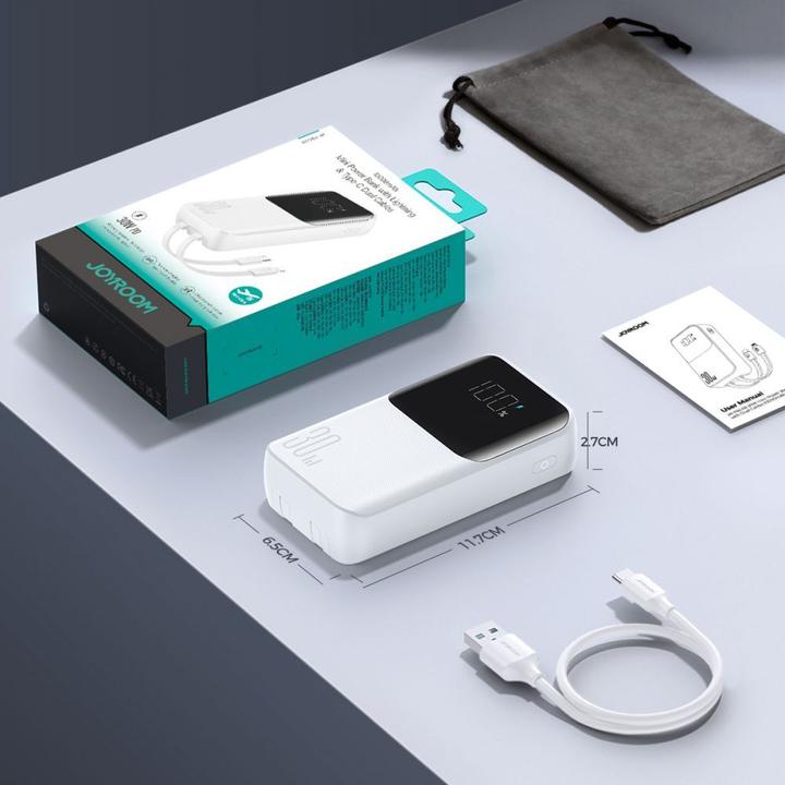 Immagine prodotto Joyroom Mini power bank da 30W 20000mAh con cavi integrati, USB-A e USB-C - Bianco (10000 mAh, 30 W, 37 Wh)