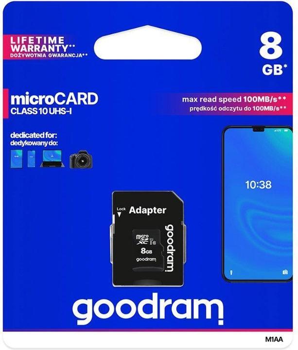 Immagine prodotto Goodram 8GB Micro SDHC (8 GB, microSDHC, U3, UHS-I)