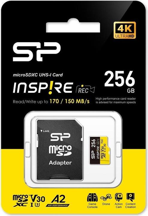 Immagine prodotto Silicon Power Schede di memoria Inspire 256GB, DDR200, W/A, CL10, V30, A2, TF SDXC UHS-IU3 (256 GB, microSDXC, U3, UHS-I)