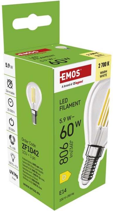 Produktbild Emos LED Lampe Filament Mini Globe / E14 / 5,9 W (60 W) / 806 lm / Warmweiss (E14, 5.90 W, 806 lm, 1 x, D)