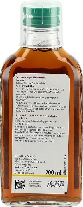 Valeurs nutritives et ingrédients Schönenberger Pomme de terre suc naturel de plantes fraîches Bio sirop (1 pièce(s), Liquide, 429 g)