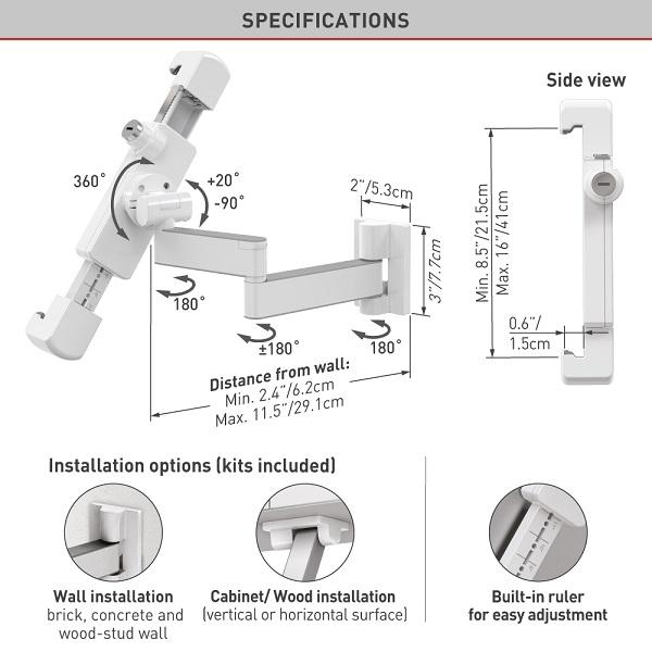 Immagine prodotto Barkan Supporto da parete per tablet 7-14", chiudibile, bianco