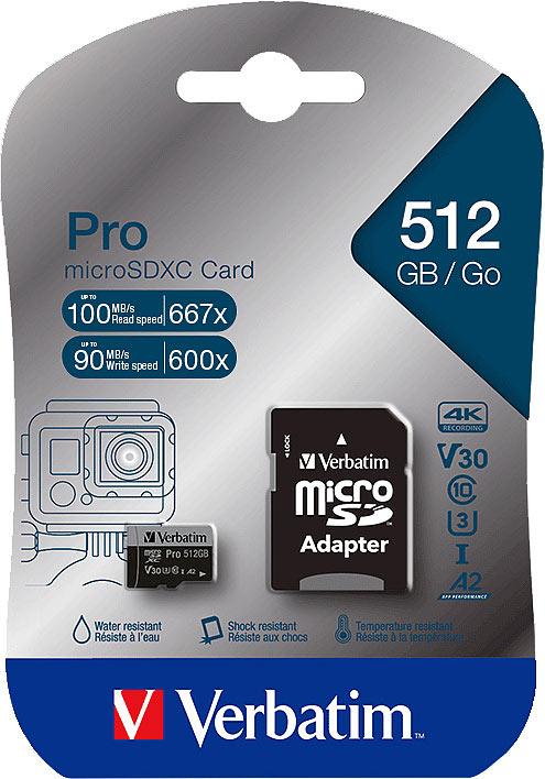 Image du produit Verbatim Carte mémoire Pro microSDXC, 512 GB, 100 MB/s, Class 10, U3, V30 (512 Go, microSDXC, U3)