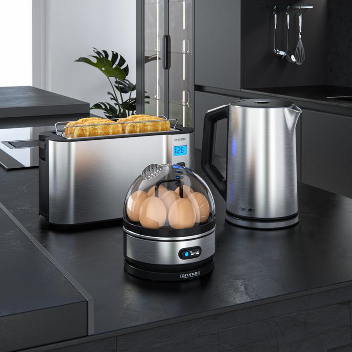 Produktbild Arendo Frühstücks Set, Wasserkocher 1,5l Temperaturwahl, 4-Scheiben Toaster & Eierkocher für 7 Eier, Silber
