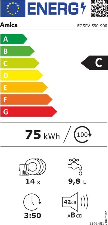 Energy Label Amica Dishwasher fully integrated EGSPV 590 900 60 x 82 x 58 cm for 14 place settings 9,8 l 42 dB