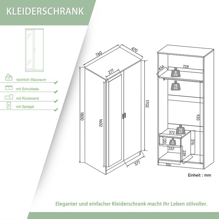 Produktbild SONNI Moderner 2-türiger grosser weisser Kleiderschrank, geräumig, mit Spiegelschrank, 76 cm (B) x 47 (76 x 47 x 47 cm)