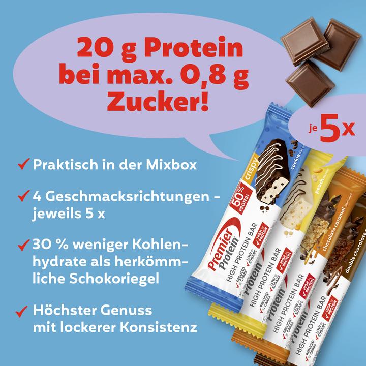 Produktbild Premier Protein Protein Bar 50% Multiflavourbox (Schokolade Keks, Pfirsich, Cookie, Schokolade Karamell, 20 Stk., 800 g)