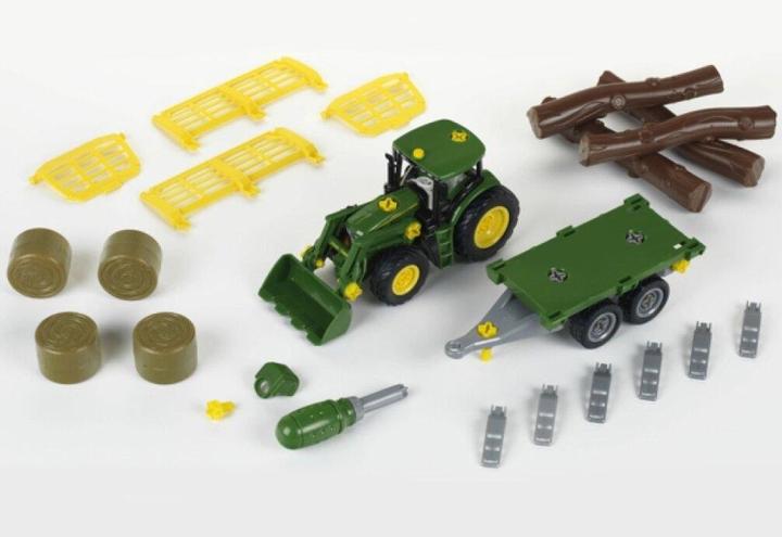 Actual product image Theo Klein John Deere tractor with timber and hay wagon