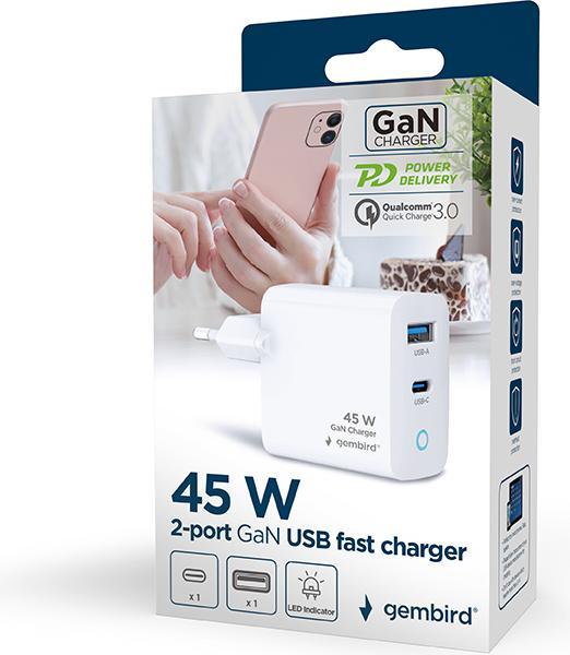 Produktbild Gembird Chargeur secteur - 1x USB-C + 1x USB-A 45W (Blanc) (45 W)