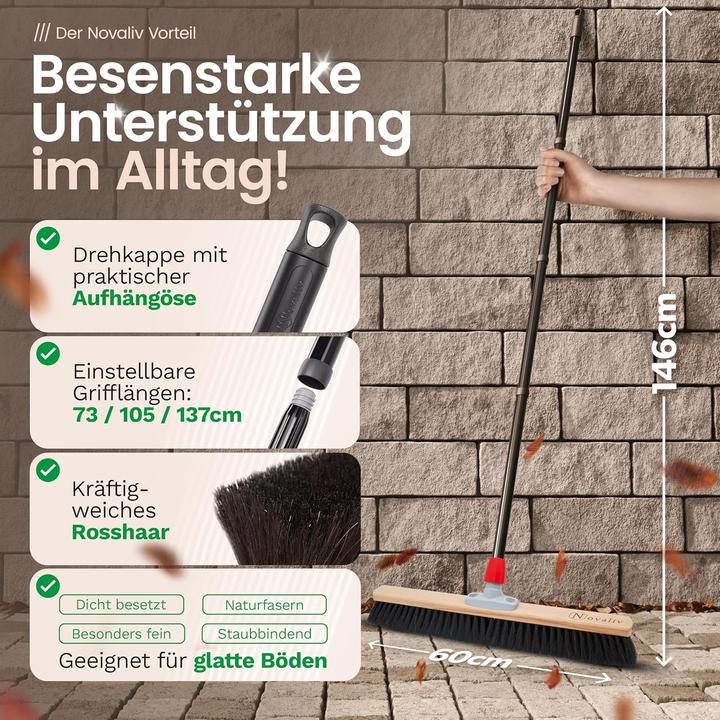 Produktbild Novaliv Grosser Besen Saalbesen 60 cm mit Stiel Borsten Rosshaarbesen inkl. Kehrgarnitur verzinkt mit (1 Stk.)