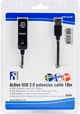 Produktbild Deltaco Cable USB 2.0 extension, 10.0m, active, black (10 m, USB 2.0)