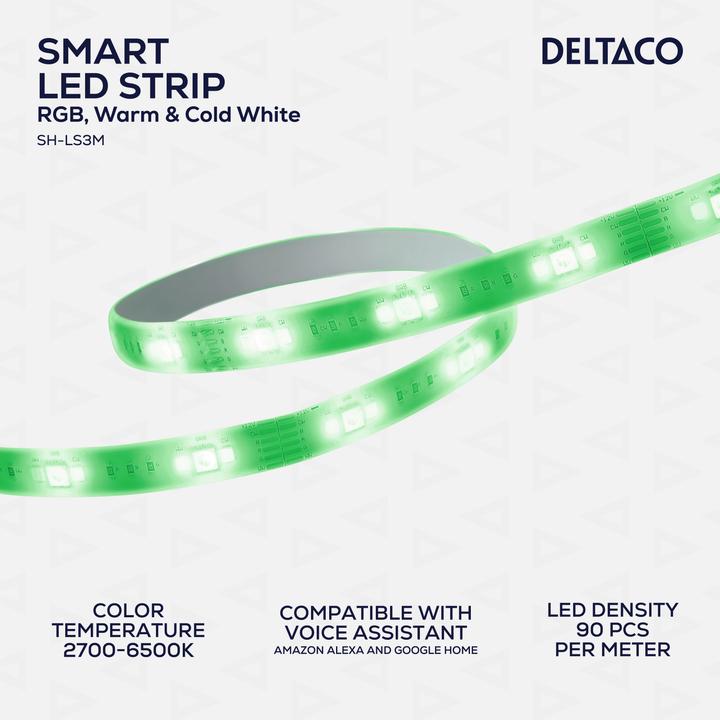 Actual product image Deltaco LED strip, 3 meter, RGB, 2700K-6500K, white (Multicoloured, 300 cm, Indoor, Outdoor)