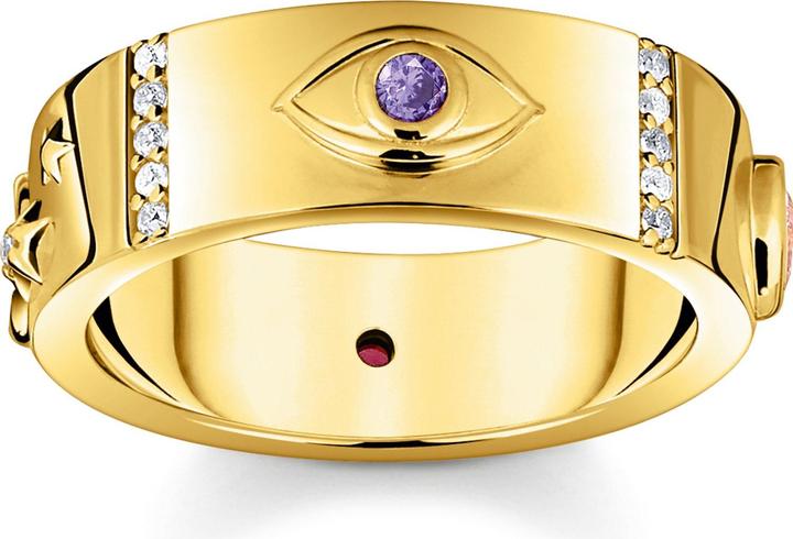 Thomas Sabo Ring mit kosmischen Symbolen und bunten Steinen vergoldet