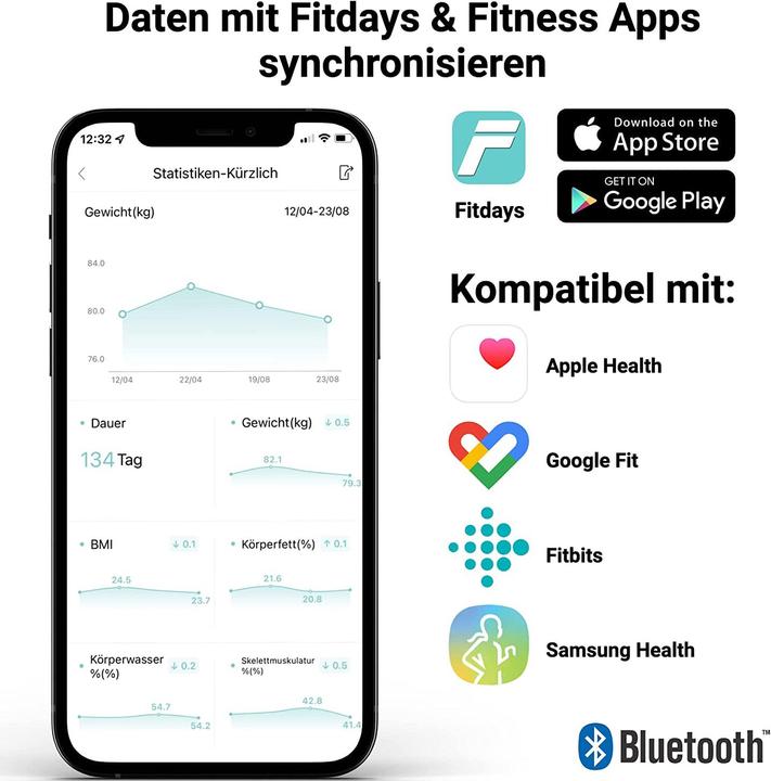 Produktbild Fitleap Waage mit Körperfett- & Muskelanalyse Digitale Personenwaage (180 kg)