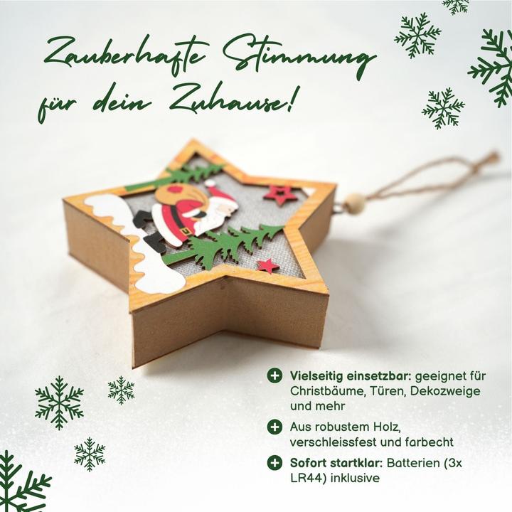 Produktbild Hermex LED-Weihnachtsdekoration Weihnachtsschmuck Weihnachtsbaum-Anhänger Holzdeko (1 -teilig)