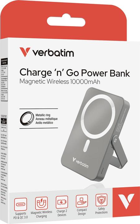 Produktbild Verbatim Charge ‘n’ Go Power Bank with Stand Magnetic Wireless 10000mAh - Grey (10000 mAh, 20 W, 37 Wh)