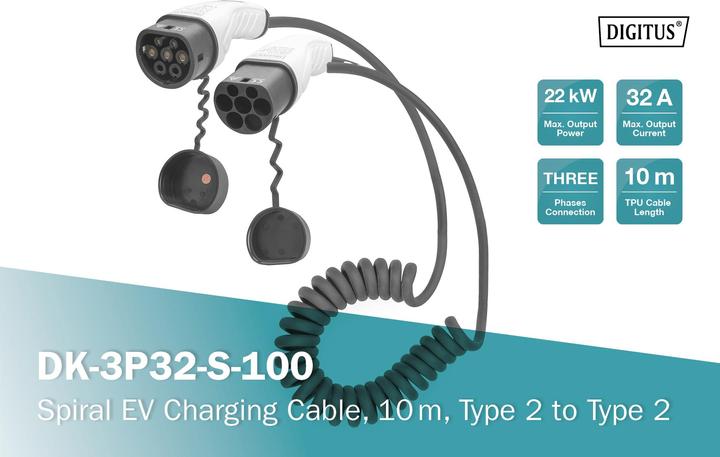 Image du produit Digitus Three phase 32A - Type 2 to Type 2 charging cable (Type 2, 22 kW, 32 A, 10 m)