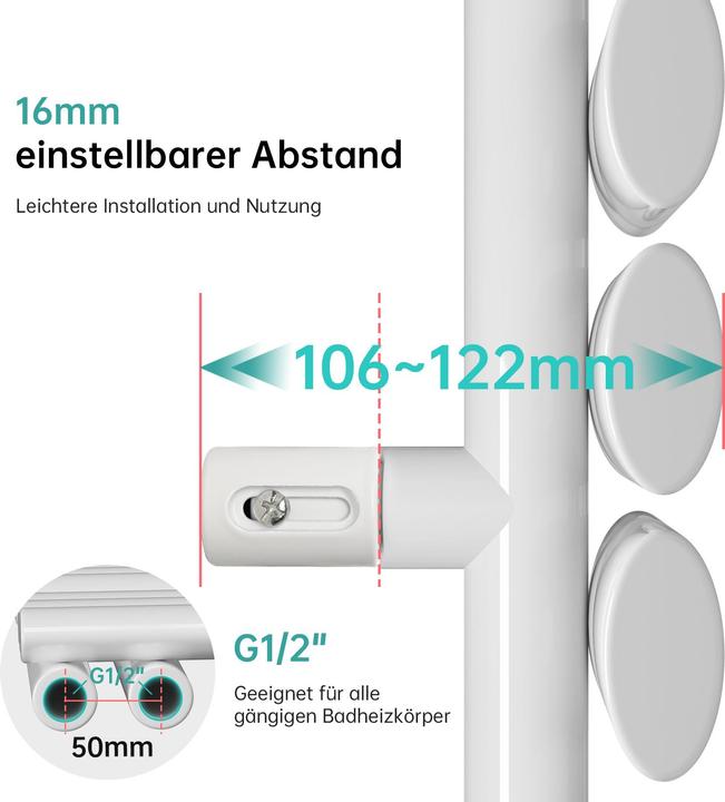 Produktbild Emke Elektrischer Badheizkörper, 1740x600mm - Weiss Ovalrohr-Handtuchtrockner (815 W)