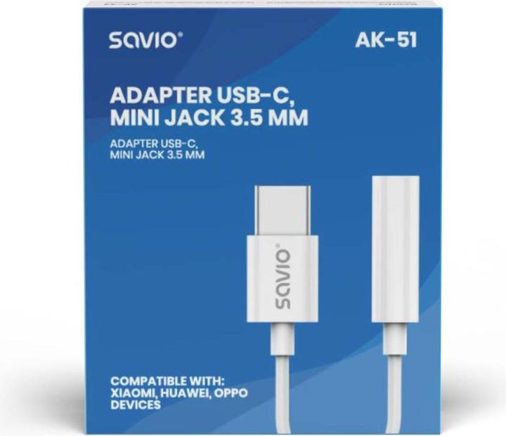 Immagine prodotto Savio Adattatore audio - USB Tipo 3.1 C M - Jack 3.5mm F - Bianco AK-51 (0.11 m, USB)