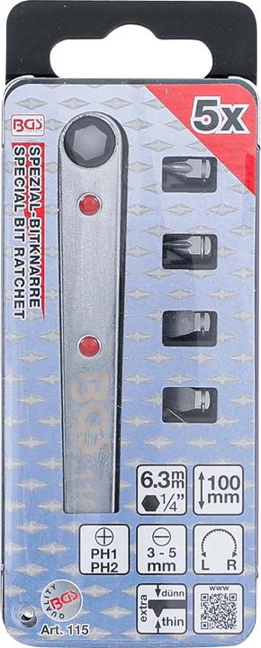 Produktbild BGS Spezial-Bitknarre, ultra dünn Abtrieb Innensechskant 6,3 mm (1/4") inkl. 4 Spezial-Bits (Kreuz Phillips PH M2, Kreuz Phillips PH M1, Schraubschlitz M4, Schraubschlitz M3, Schraubschlitz M5)