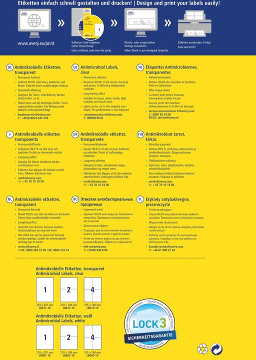Nutritional values and ingredients Avery AVZ L8013-10 Antimicrobial labels 105x148mm transparent