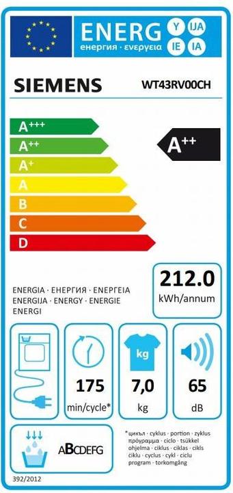 Energie-Label Siemens WT43RV00CH iQ300 (7 kg, Rechts, CH-Stecker)