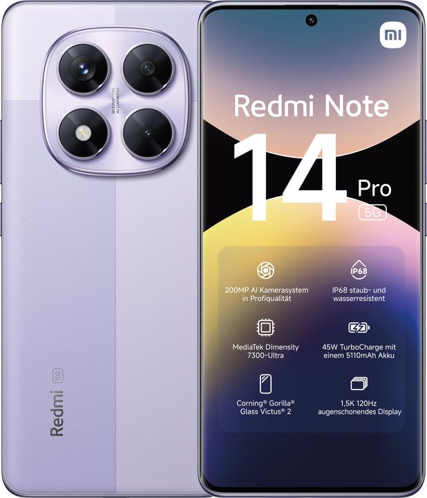 Image du produit Xiaomi Redmi Note 14 Pro 5G (256 Go, Lavender Purple, 6.67", Double SIM, 200 Mpx, 5G)