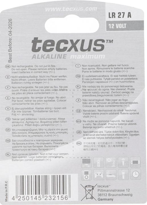 Produktbild Tecxus LR27 A Alkaline Batterie L828, 12 Volt, Abmessungen 28,8 x 8 mm (LR27, 26 mAh)