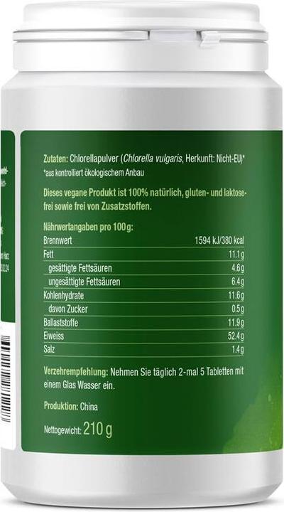 Valeurs nutritives et ingrédients Effective Nature Chlorella bio hautement dosée (420 pièce(s), Cachets, 210 g)