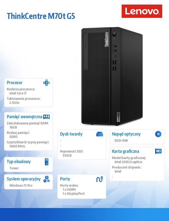 Produktbild Lenovo ThinkCentre M70t Gen 5 (Intel Core i7-14700, 16 GB, 512 GB, UHD Graphics 770)